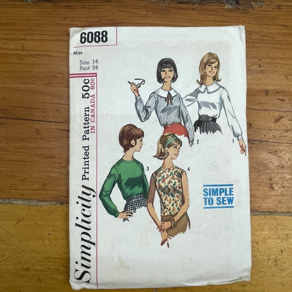 Vintage‎ Simplicity 6088 Miss Blouse Top Pattern Size 14 1965 Back Buttons
